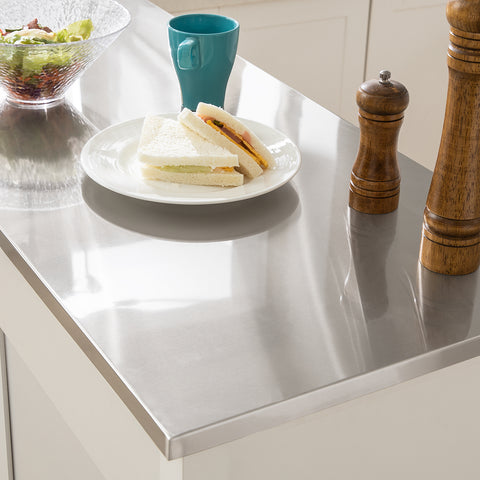 Sobuy köögisaar ratastega puitkiust ja roostevabast metallist valge FKW108-W