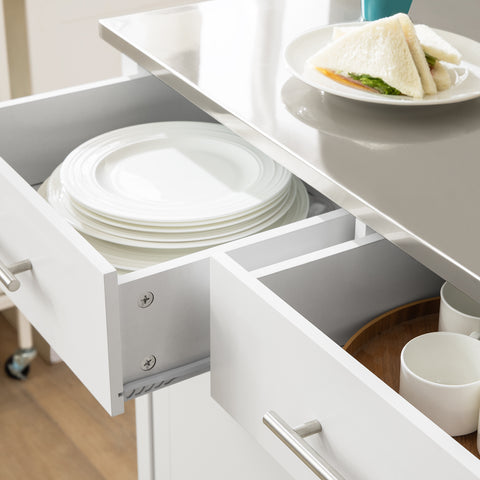 Sobuy köögisaar ratastega puitkiust ja roostevabast metallist valge FKW108-W