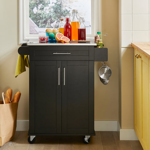 Sobuy köögikapp ratastega puitkiudude ja roostevaba metalliga must FKW110-SCHO