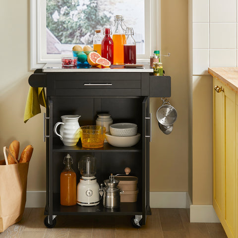 Sobuy köögikapp ratastega puitkiudude ja roostevaba metalliga must FKW110-SCHO