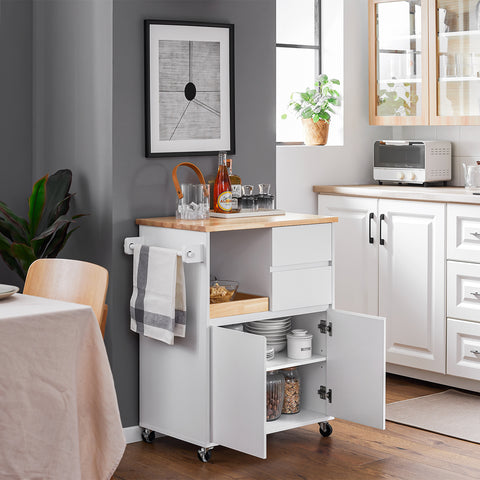 SoBuy FKW123-WN Keittiövaunu Pyörillä – Säilytyskaappi, Irrotettava Tarjotin, 2 Laatikkoa ja 2 Ovea, 72×40×84 cm, Valkoinen