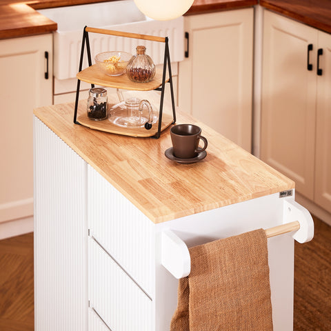 SoBuy FKW124-WN – Liikuteltava keittiösaareke, massiivikumipuinen taso, laatikot, kaappi ja sivukahva – 90×40×90 cm