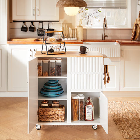 SoBuy FKW124-WN – Liikuteltava keittiösaareke, massiivikumipuinen taso, laatikot, kaappi ja sivukahva – 90×40×90 cm