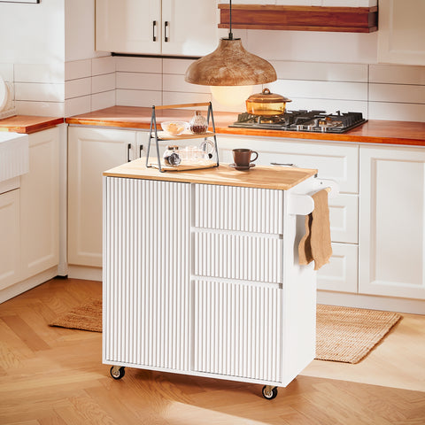 SoBuy FKW124-WN – Liikuteltava keittiösaareke, massiivikumipuinen taso, laatikot, kaappi ja sivukahva – 90×40×90 cm
