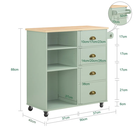 SoBuy Keittiösaareke 3 Lokerolla ja 4 Laatikolla – Vihreä Tarjoiluvaunu Pyörillä 90x40x88cm FKW127-GR