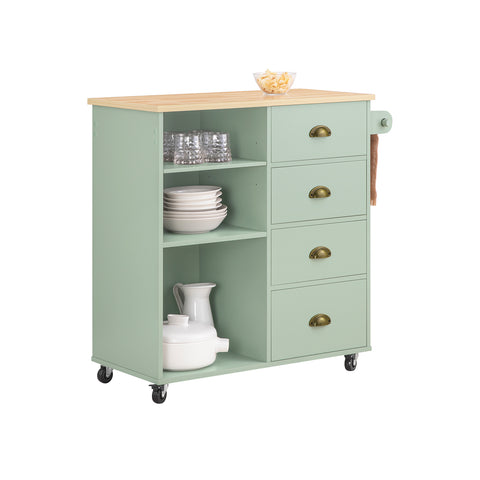 SoBuy Keittiösaareke 3 Lokerolla ja 4 Laatikolla – Vihreä Tarjoiluvaunu Pyörillä 90x40x88cm FKW127-GR