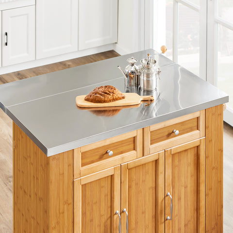 SoBuy FKW130-N Rullattava Keittiösaareke – Laajennettava Työtaso, Liikuteltava Tarjoiluvaunu ja Säilytyskaappi, Bambua & Ruostumatonta Terästä, 107×(46–71)×92,5 cm