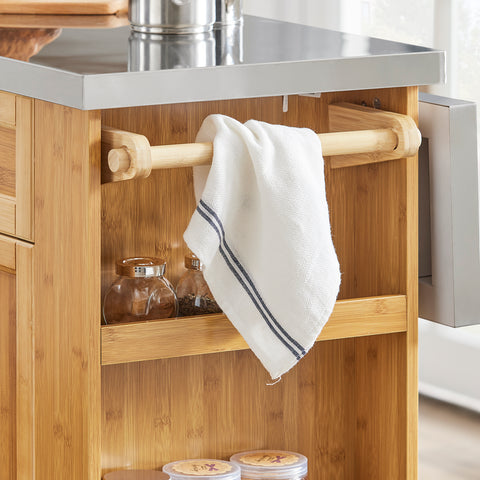 SoBuy FKW130-N Rullattava Keittiösaareke – Laajennettava Työtaso, Liikuteltava Tarjoiluvaunu ja Säilytyskaappi, Bambua & Ruostumatonta Terästä, 107×(46–71)×92,5 cm