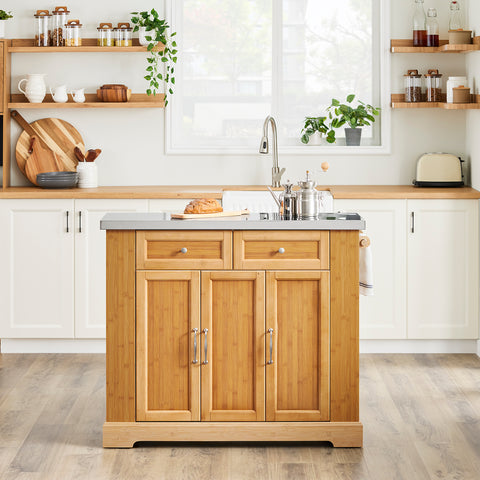 SoBuy FKW130-N Rullattava Keittiösaareke – Laajennettava Työtaso, Liikuteltava Tarjoiluvaunu ja Säilytyskaappi, Bambua & Ruostumatonta Terästä, 107×(46–71)×92,5 cm