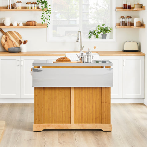 SoBuy FKW130-N Rullattava Keittiösaareke – Laajennettava Työtaso, Liikuteltava Tarjoiluvaunu ja Säilytyskaappi, Bambua & Ruostumatonta Terästä, 107×(46–71)×92,5 cm