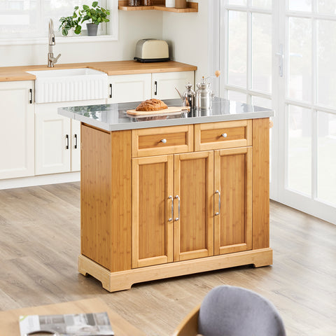 SoBuy FKW130-N Rullattava Keittiösaareke – Laajennettava Työtaso, Liikuteltava Tarjoiluvaunu ja Säilytyskaappi, Bambua & Ruostumatonta Terästä, 107×(46–71)×92,5 cm