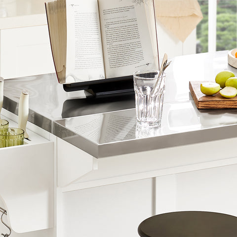 Sobuy köögisaar ratastega puitkiudude ja roostevaba metalliga valge FKW41-ST