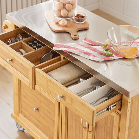 Sobuy köögisaar ratastega bambuse puit ja roostevaba metallist beež fkw70-n