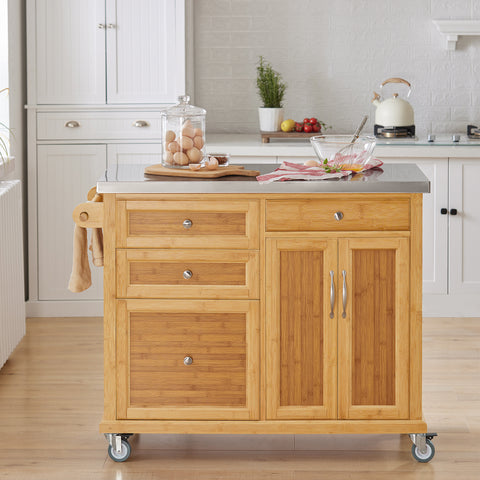 Sobuy köögisaar ratastega bambuse puit ja roostevaba metallist beež fkw70-n