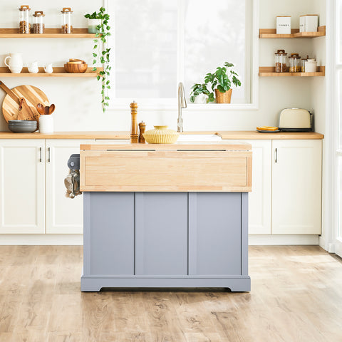 SoBuy FKW71-II-HG Keittiövaunu pyörillä, keskeinen saareke jatkettavalla työtasolla – liikkuva tarjoiluvaunu keittiöön tai ruokasaliin, harmaa keittiökaluste säilytystilalla, 115x46/71x92 cm