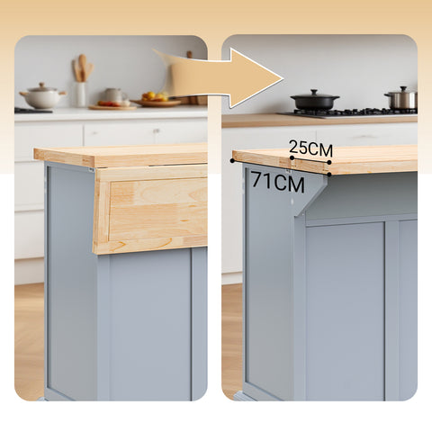 SoBuy FKW71-II-HG Keittiövaunu pyörillä, keskeinen saareke jatkettavalla työtasolla – liikkuva tarjoiluvaunu keittiöön tai ruokasaliin, harmaa keittiökaluste säilytystilalla, 115x46/71x92 cm