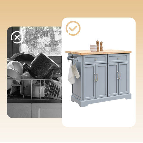 SoBuy FKW71-II-HG Keittiövaunu pyörillä, keskeinen saareke jatkettavalla työtasolla – liikkuva tarjoiluvaunu keittiöön tai ruokasaliin, harmaa keittiökaluste säilytystilalla, 115x46/71x92 cm