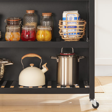 Sobuy köögisaar ratastega puidust kiudlauaga must FKW74-SCHO