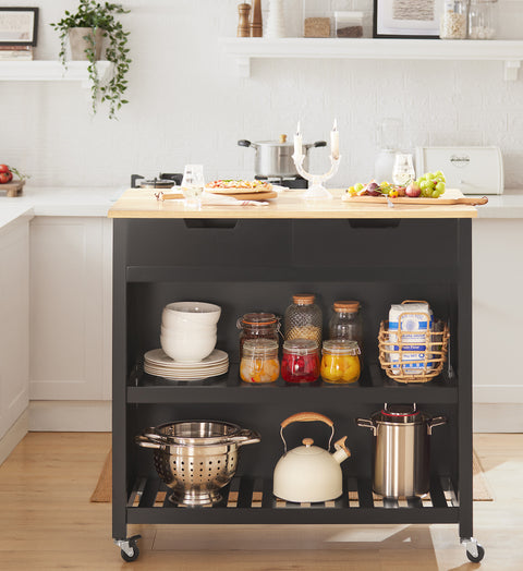 Sobuy köögisaar ratastega puidust kiudlauaga must FKW74-SCHO