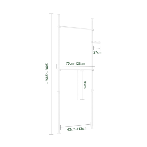SoBuy FRG109-II-W Teleskooppinen vaateteline, tukeva vaateräkki, säädettävä avoin vaatekaappi ripustustangoilla makuuhuoneeseen tai pukeutumishuoneeseen, valkoinen