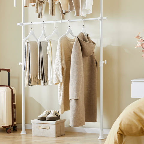 SoBuy FRG109-II-W Teleskooppinen vaateteline, tukeva vaateräkki, säädettävä avoin vaatekaappi ripustustangoilla makuuhuoneeseen tai pukeutumishuoneeseen, valkoinen