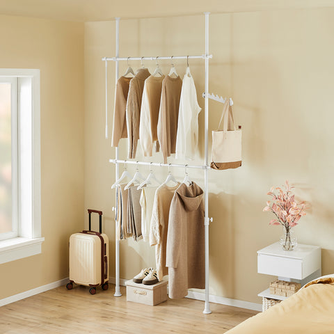 SoBuy FRG109-II-W Teleskooppinen vaateteline, tukeva vaateräkki, säädettävä avoin vaatekaappi ripustustangoilla makuuhuoneeseen tai pukeutumishuoneeseen, valkoinen