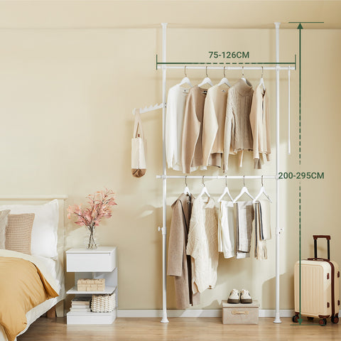 SoBuy FRG109-II-W Teleskooppinen vaateteline, tukeva vaateräkki, säädettävä avoin vaatekaappi ripustustangoilla makuuhuoneeseen tai pukeutumishuoneeseen, valkoinen