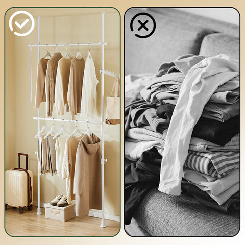 SoBuy FRG109-II-W Teleskooppinen vaateteline, tukeva vaateräkki, säädettävä avoin vaatekaappi ripustustangoilla makuuhuoneeseen tai pukeutumishuoneeseen, valkoinen