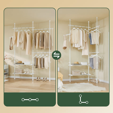 SoBuy FRG34-II-W Tukeva teleskooppinen vaateripustin – Säädettävä avoin vaatekaappi tangoilla ja hyllyillä, naulakko makuuhuoneeseen tai vaatehuoneeseen, Valkoinen