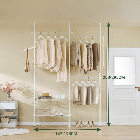 SoBuy FRG34-II-W Tukeva teleskooppinen vaateripustin – Säädettävä avoin vaatekaappi tangoilla ja hyllyillä, naulakko makuuhuoneeseen tai vaatehuoneeseen, Valkoinen