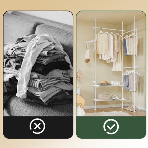 SoBuy FRG34-II-W Tukeva teleskooppinen vaateripustin – Säädettävä avoin vaatekaappi tangoilla ja hyllyillä, naulakko makuuhuoneeseen tai vaatehuoneeseen, Valkoinen