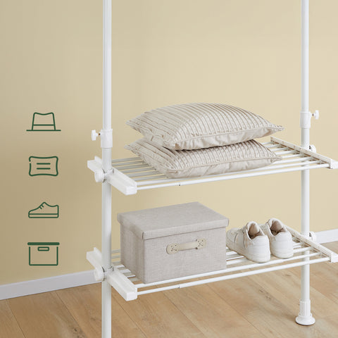 SoBuy FRG34-II-W Tukeva teleskooppinen vaateripustin – Säädettävä avoin vaatekaappi tangoilla ja hyllyillä, naulakko makuuhuoneeseen tai vaatehuoneeseen, Valkoinen