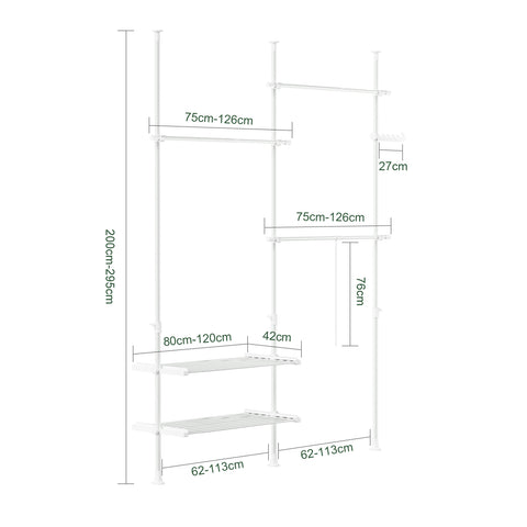 SoBuy FRG34-II-W Tukeva teleskooppinen vaateripustin – Säädettävä avoin vaatekaappi tangoilla ja hyllyillä, naulakko makuuhuoneeseen tai vaatehuoneeseen, Valkoinen