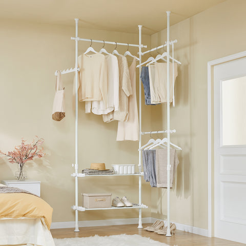 SoBuy FRG34-II-W Tukeva teleskooppinen vaateripustin – Säädettävä avoin vaatekaappi tangoilla ja hyllyillä, naulakko makuuhuoneeseen tai vaatehuoneeseen, Valkoinen