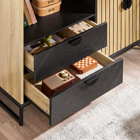 SoBuy FSB103-N Säilytyskaappi, Keittiön buffet-kaappi ruokasaliin, mikroaaltouuni-nischa Ø6 cm & lasiteline, säädettävä hylly, korkeat metallijalat, tammi/musta, 107×40×85 cm
