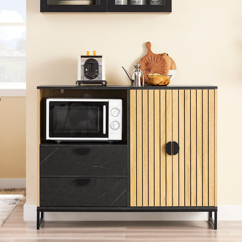SoBuy FSB103-N Säilytyskaappi, Keittiön buffet-kaappi ruokasaliin, mikroaaltouuni-nischa Ø6 cm & lasiteline, säädettävä hylly, korkeat metallijalat, tammi/musta, 107×40×85 cm