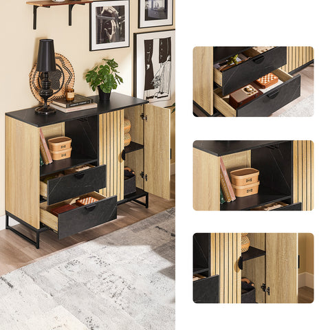 SoBuy FSB103-N Säilytyskaappi, Keittiön buffet-kaappi ruokasaliin, mikroaaltouuni-nischa Ø6 cm & lasiteline, säädettävä hylly, korkeat metallijalat, tammi/musta, 107×40×85 cm