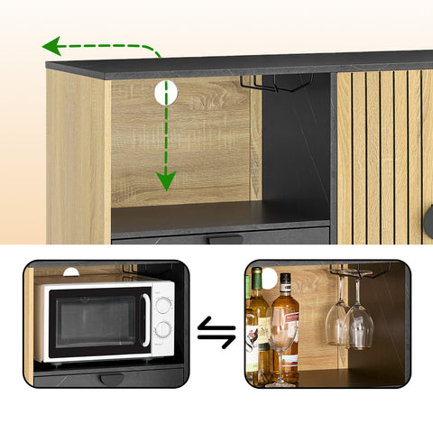 SoBuy FSB103-N Säilytyskaappi, Keittiön buffet-kaappi ruokasaliin, mikroaaltouuni-nischa Ø6 cm & lasiteline, säädettävä hylly, korkeat metallijalat, tammi/musta, 107×40×85 cm
