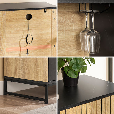 SoBuy FSB103-N Säilytyskaappi, Keittiön buffet-kaappi ruokasaliin, mikroaaltouuni-nischa Ø6 cm & lasiteline, säädettävä hylly, korkeat metallijalat, tammi/musta, 107×40×85 cm