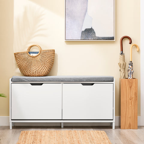 SoBuy FSR151-L-W Kenkäkaappi ja istuinpenkki – Säilytyspenkki neljällä lokerolla – Mukava istuinpehmuste – Kantavuus 250 kg – Valkoinen puupenkki eteiseen 105 x 24 x 52 cm