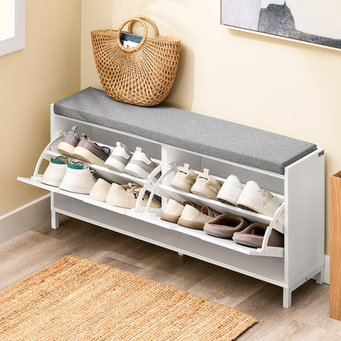 SoBuy FSR151-L-W Kenkäkaappi ja istuinpenkki – Säilytyspenkki neljällä lokerolla – Mukava istuinpehmuste – Kantavuus 250 kg – Valkoinen puupenkki eteiseen 105 x 24 x 52 cm