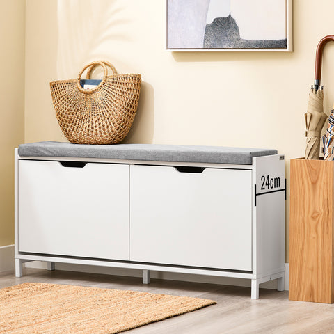 SoBuy FSR151-L-W Kenkäkaappi ja istuinpenkki – Säilytyspenkki neljällä lokerolla – Mukava istuinpehmuste – Kantavuus 250 kg – Valkoinen puupenkki eteiseen 105 x 24 x 52 cm