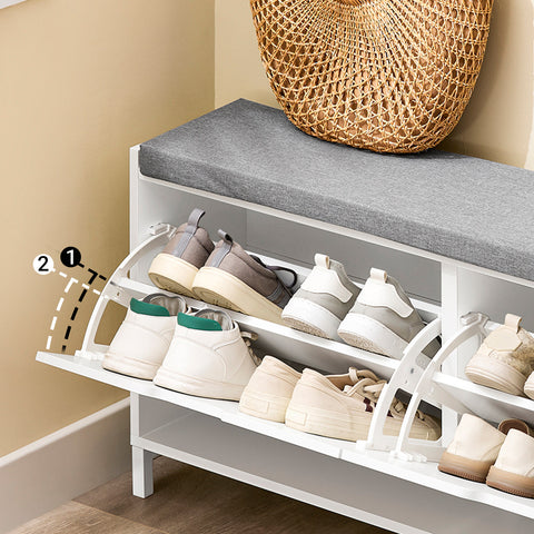 SoBuy FSR151-L-W Kenkäkaappi ja istuinpenkki – Säilytyspenkki neljällä lokerolla – Mukava istuinpehmuste – Kantavuus 250 kg – Valkoinen puupenkki eteiseen 105 x 24 x 52 cm