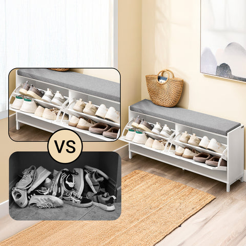 SoBuy FSR151-L-W Kenkäkaappi ja istuinpenkki – Säilytyspenkki neljällä lokerolla – Mukava istuinpehmuste – Kantavuus 250 kg – Valkoinen puupenkki eteiseen 105 x 24 x 52 cm