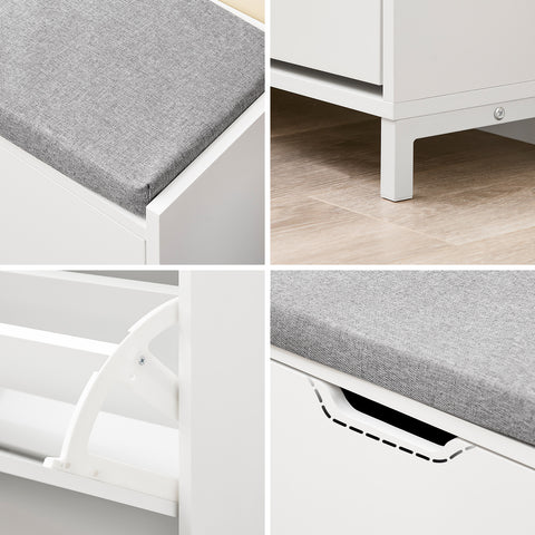 SoBuy FSR151-L-W Kenkäkaappi ja istuinpenkki – Säilytyspenkki neljällä lokerolla – Mukava istuinpehmuste – Kantavuus 250 kg – Valkoinen puupenkki eteiseen 105 x 24 x 52 cm