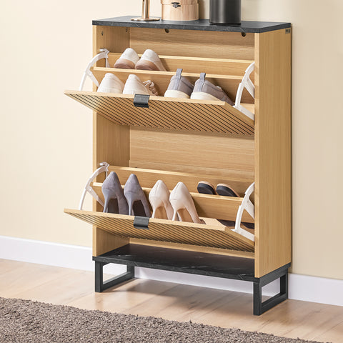 SoBuy FSR202-N Kenkäteline Sisäänkäyntiin, Korkea Kenkäteline – Kompakti ja Skandinaavinen Suunnittelu – Sopii 8-12 Parille, Musta & Vaalea Puutaso, 60x24x88cm