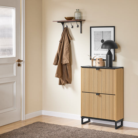 SoBuy FSR202-N Kenkäteline Sisäänkäyntiin, Korkea Kenkäteline – Kompakti ja Skandinaavinen Suunnittelu – Sopii 8-12 Parille, Musta & Vaalea Puutaso, 60x24x88cm