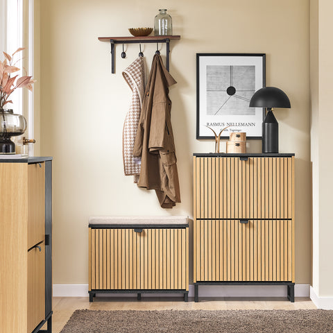 SoBuy FSR202-N Kenkäteline Sisäänkäyntiin, Korkea Kenkäteline – Kompakti ja Skandinaavinen Suunnittelu – Sopii 8-12 Parille, Musta & Vaalea Puutaso, 60x24x88cm