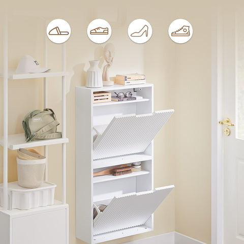 SoBuy FSR204-W Kengät Säilytyskaappi Eteiseen – Erittäin Ohut 19 cm Syvyys, Pystysuora/Vaakasuora Asennus, Kengille ja Pienille Tavaroille – MDF E1, Valkoinen, 35 kg, 50x19x100 cm