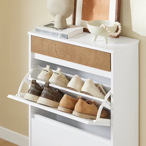 SoBuy FSR205-WN Kapea Kenkäkaappi – Pohjoismainen Valkoinen/Puu – Kääntyvät Ovet ja Säilytyslokero – 61×26×91 cm